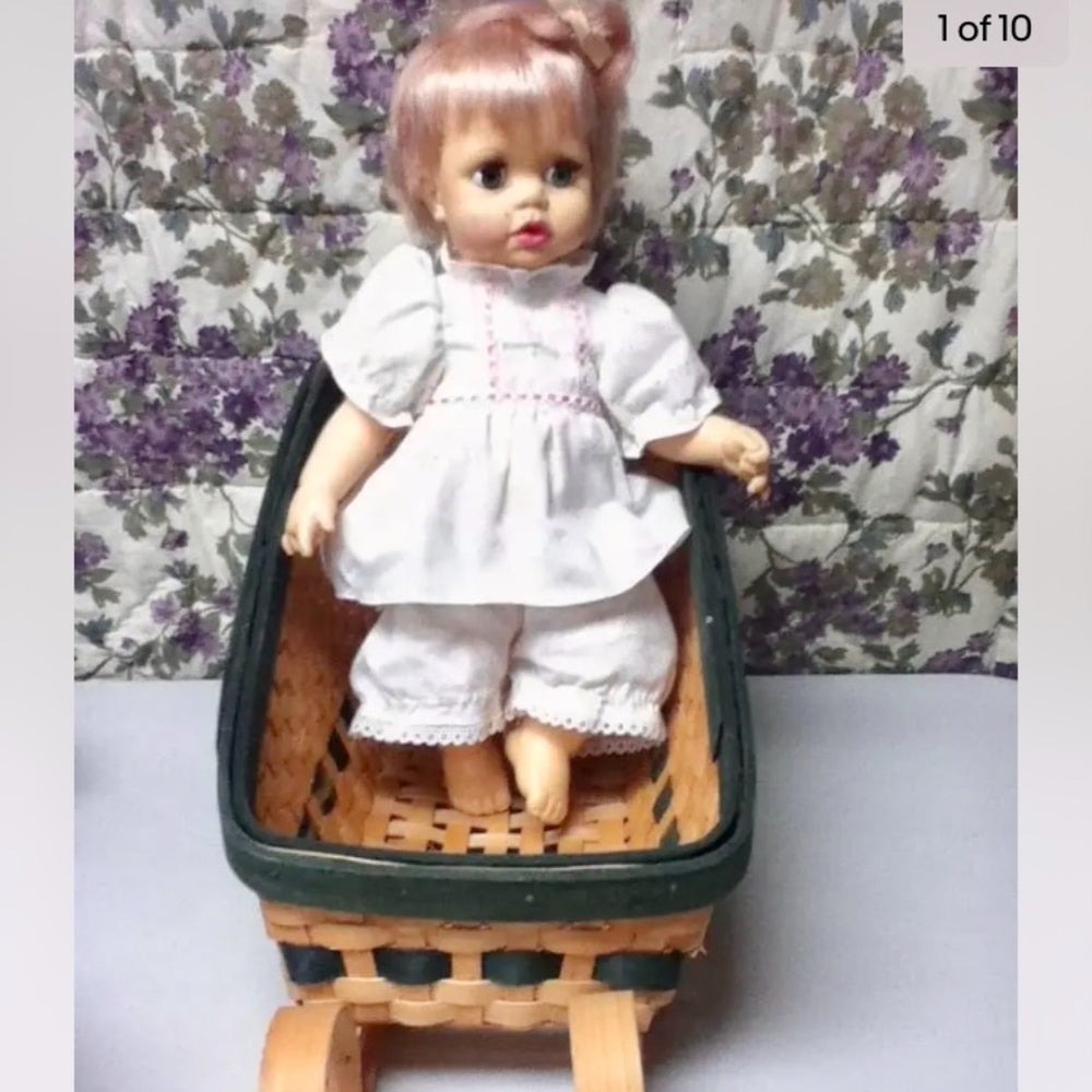 Vintage, 1971, 13in Ideal Blond Doll in Chip Wood Sleigh Bed