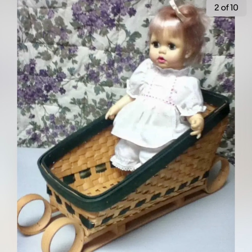 Vintage, 1971, 13in Ideal Blond Doll in Chip Wood Sleigh Bed