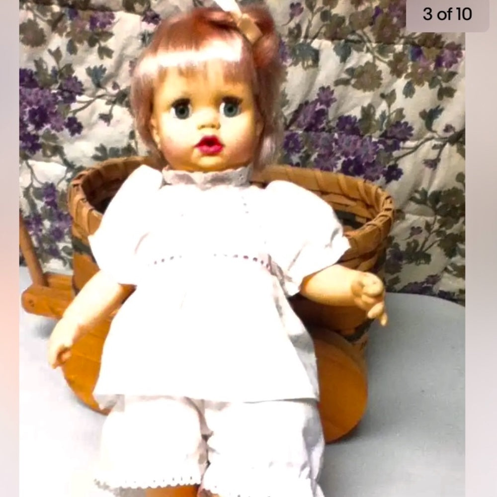 Vintage, 1971, 13in Ideal Blond Doll in Chip Wood Sleigh Bed