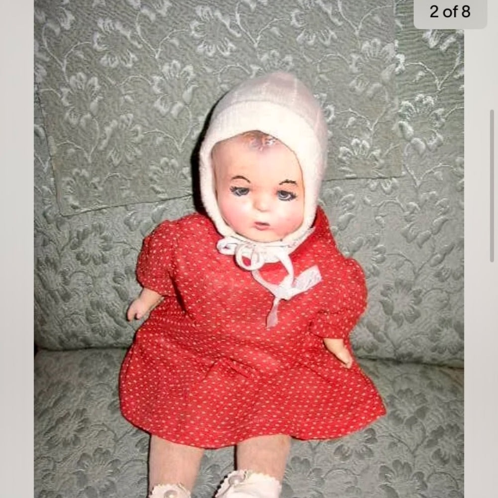 Antique, 18” Reiable Composition Baby Doll in Red Dress