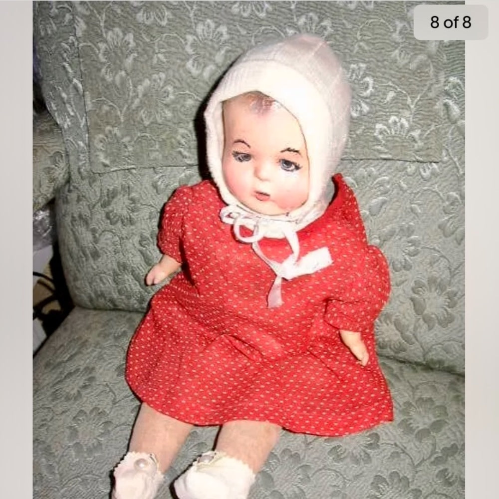 Antique, 18” Reiable Composition Baby Doll in Red Dress