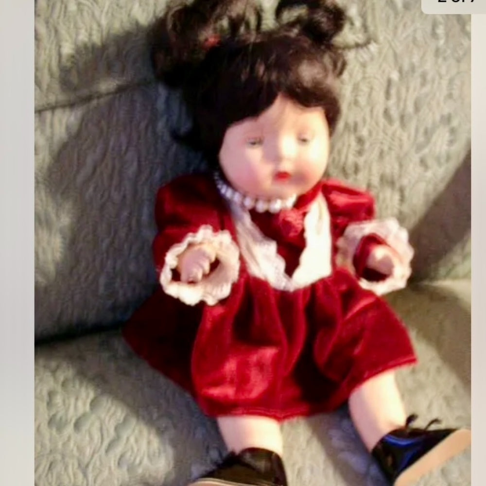 Vintage, 12” Composition Baby Doll in Burgundy Velvet Dress
