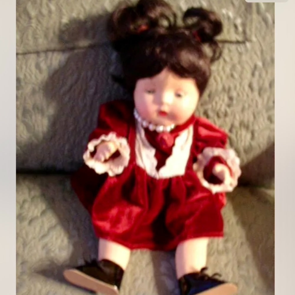 Vintage, 12” Composition Baby Doll in Burgundy Velvet Dress