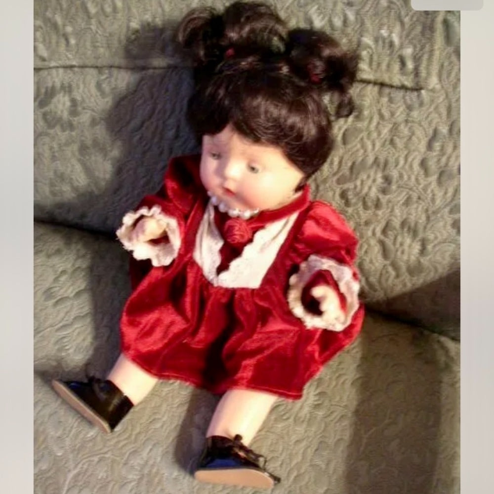 Vintage, 12” Composition Baby Doll in Burgundy Velvet Dress