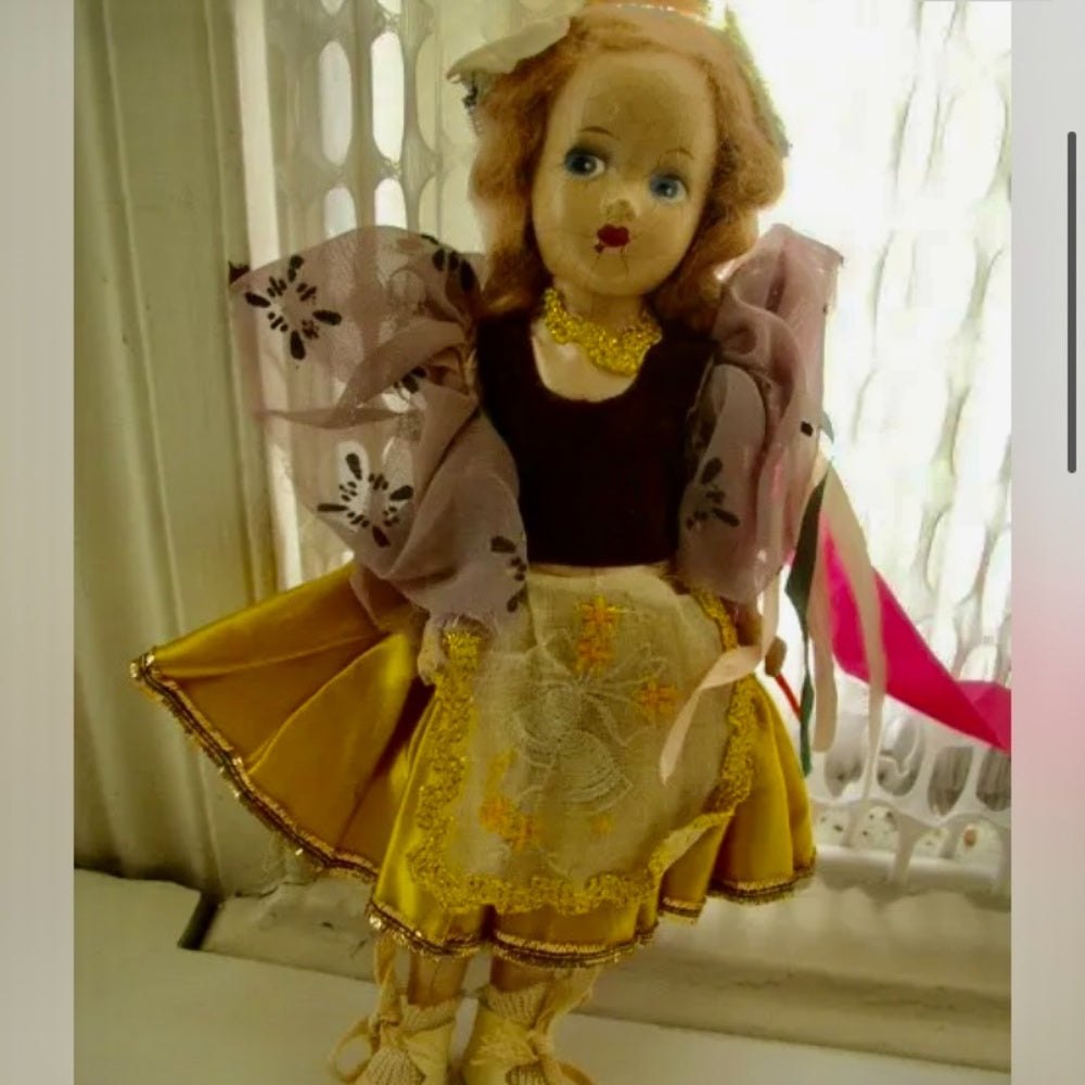Vintage,  Elegant 11" Composition Doll in Gold-Burgundy Gown