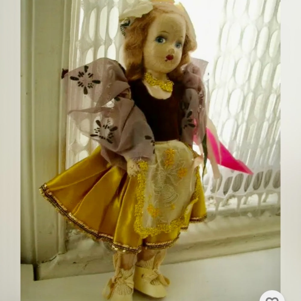 Vintage,  Elegant 11" Composition Doll in Gold-Burgundy Gown