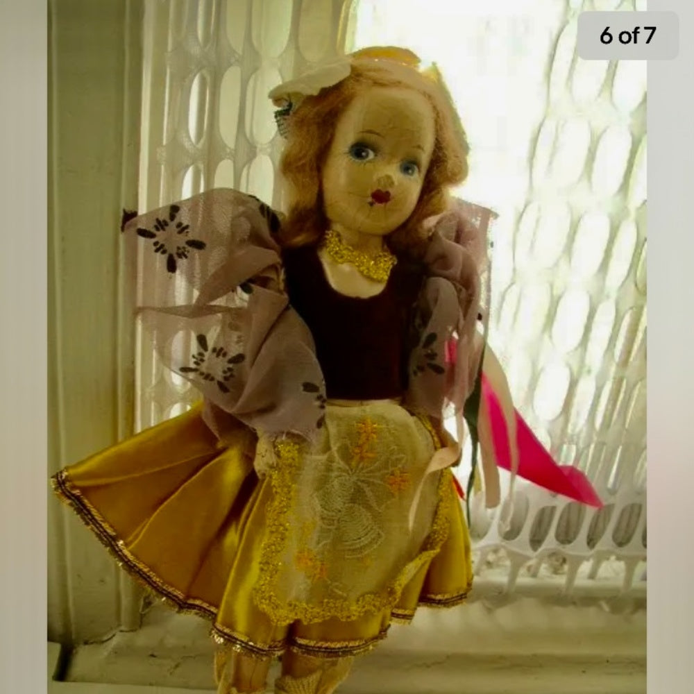 Vintage,  Elegant 11" Composition Doll in Gold-Burgundy Gown