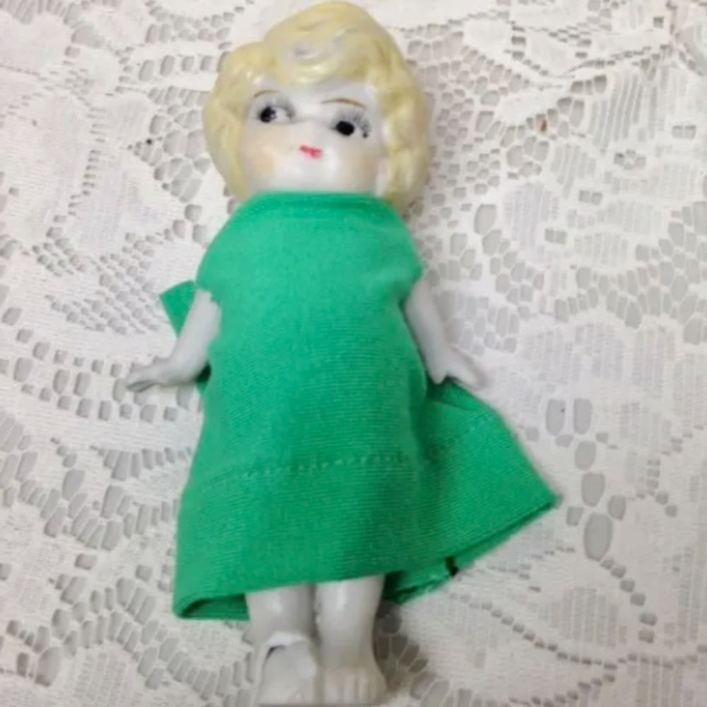 Antique, Made in Japan, 5.25in Bisque, Googly-eyed Doll in Green Dress
