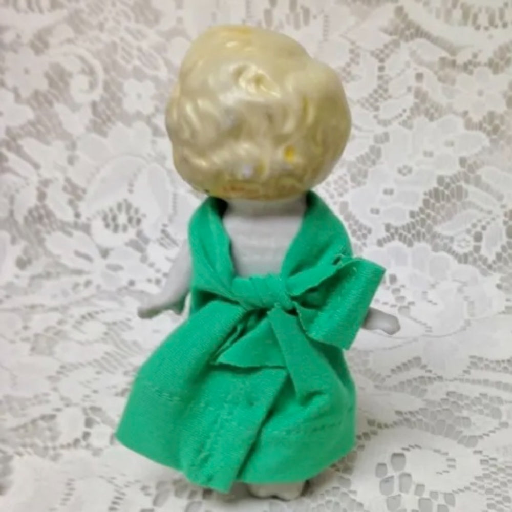 Antique, Made in Japan, 5.25in Bisque, Googly-eyed Doll in Green Dress