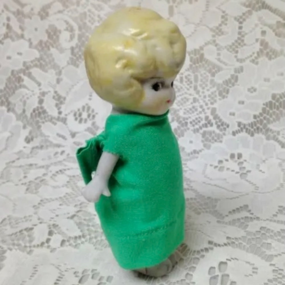 Antique, Made in Japan, 5.25in Bisque, Googly-eyed Doll in Green Dress
