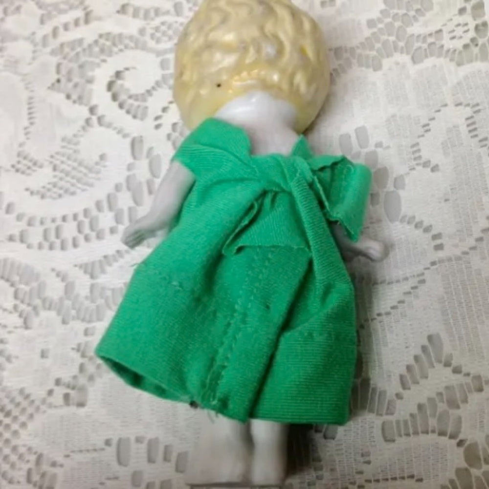 Antique, Made in Japan, 5.25in Bisque, Googly-eyed Doll in Green Dress