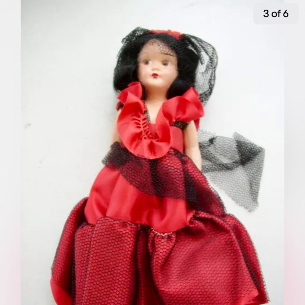 Vintage,  7.5" Composition Face-Plastic Doll in Red Gown