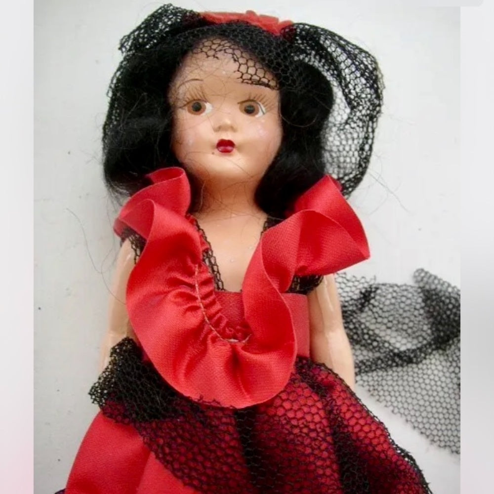 Vintage,  7.5" Composition Face-Plastic Doll in Red Gown