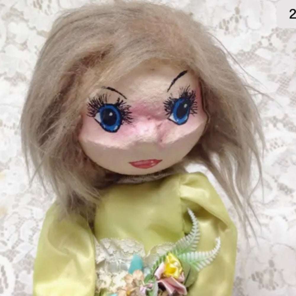 Vintage, Handcrafted Paper Mache Head-13in Doll with Gown Covered Secret Bottle