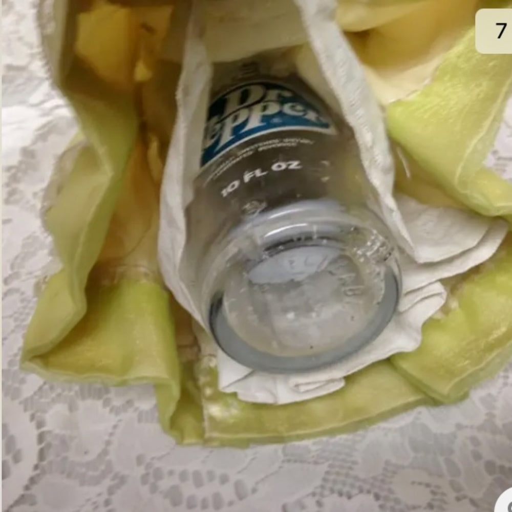 Vintage, Handcrafted Paper Mache Head-13in Doll with Gown Covered Secret Bottle