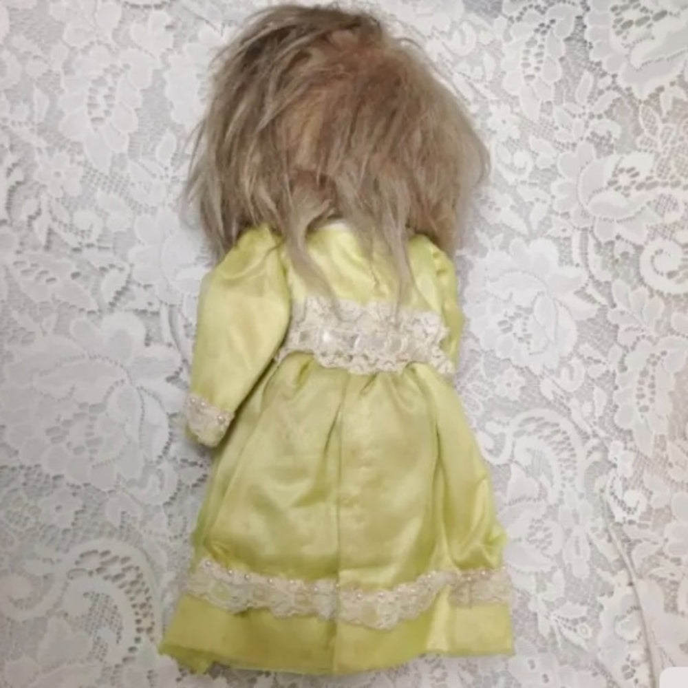 Vintage, Handcrafted Paper Mache Head-13in Doll with Gown Covered Secret Bottle