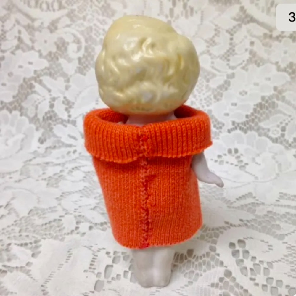 Antique, Made in Japan, 5.25in Bisque, Googly-eyed Doll in Orange Dress