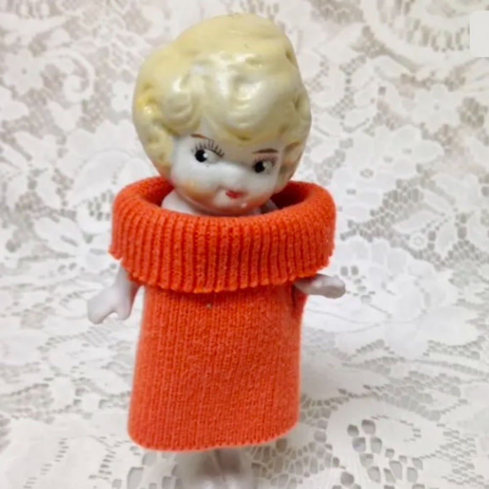 Antique, Made in Japan, 5.25in Bisque, Googly-eyed Doll in Orange Dress