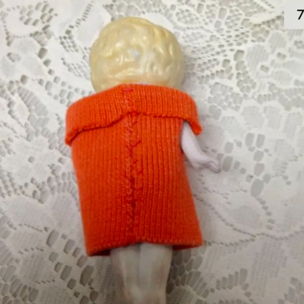 Antique, Made in Japan, 5.25in Bisque, Googly-eyed Doll in Orange Dress