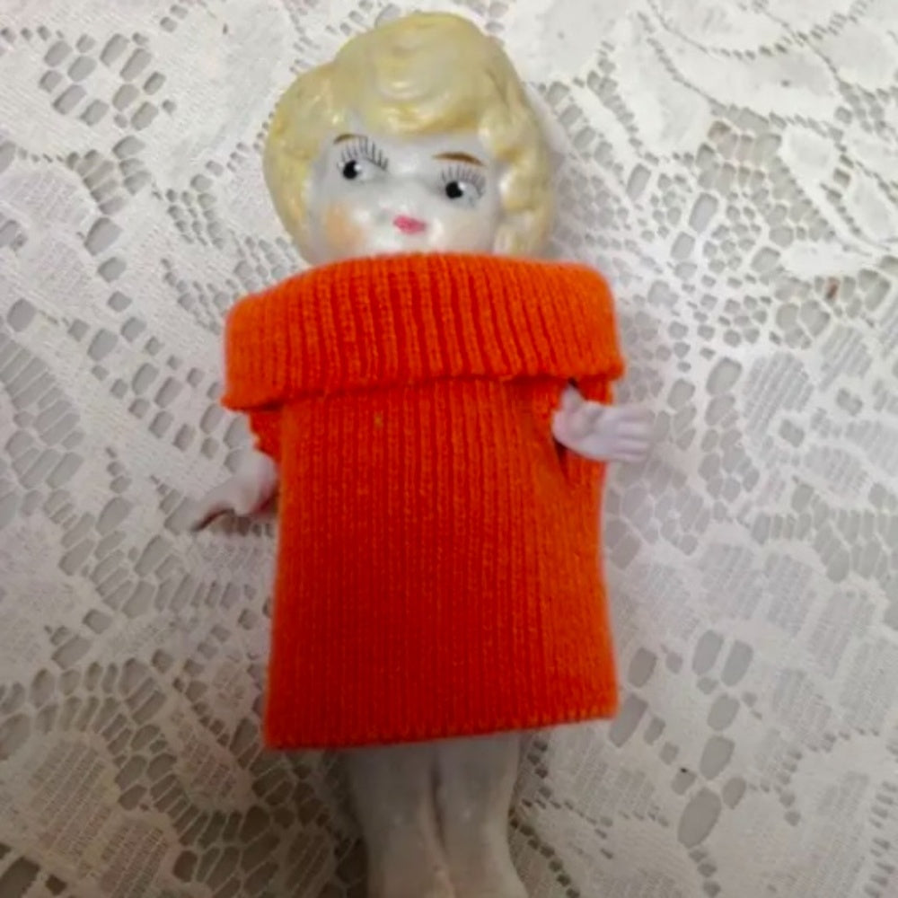 Antique, Made in Japan, 5.25in Bisque, Googly-eyed Doll in Orange Dress