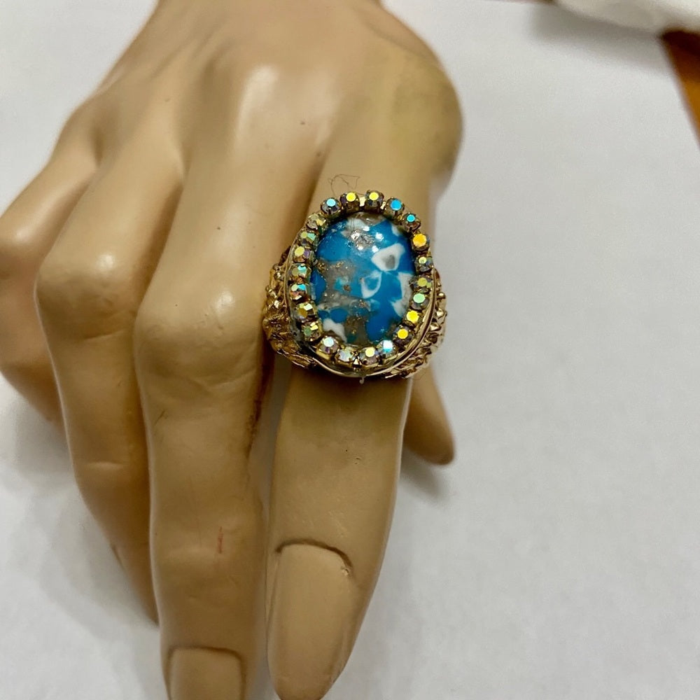 Vintage, Stamped Hobe Blue Agate Adjustable Ring with Rhinestones