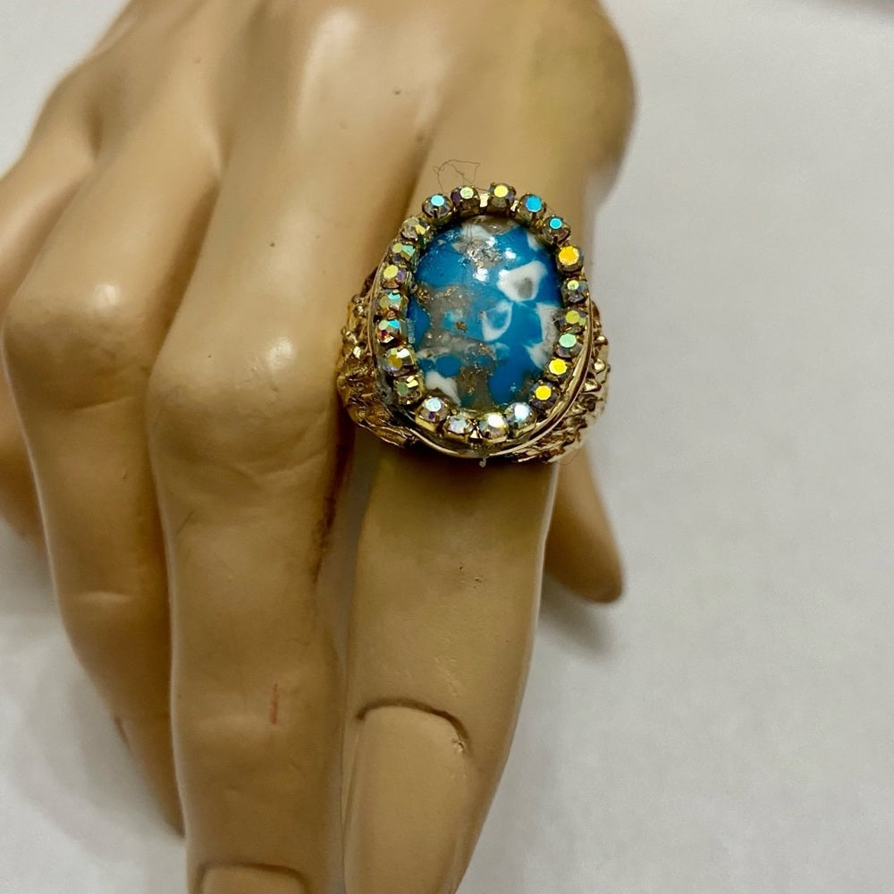 Vintage, Stamped Hobe Blue Agate Adjustable Ring with Rhinestones