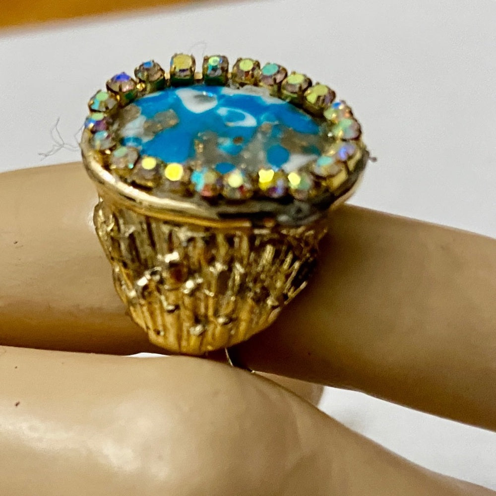 Vintage, Stamped Hobe Blue Agate Adjustable Ring with Rhinestones