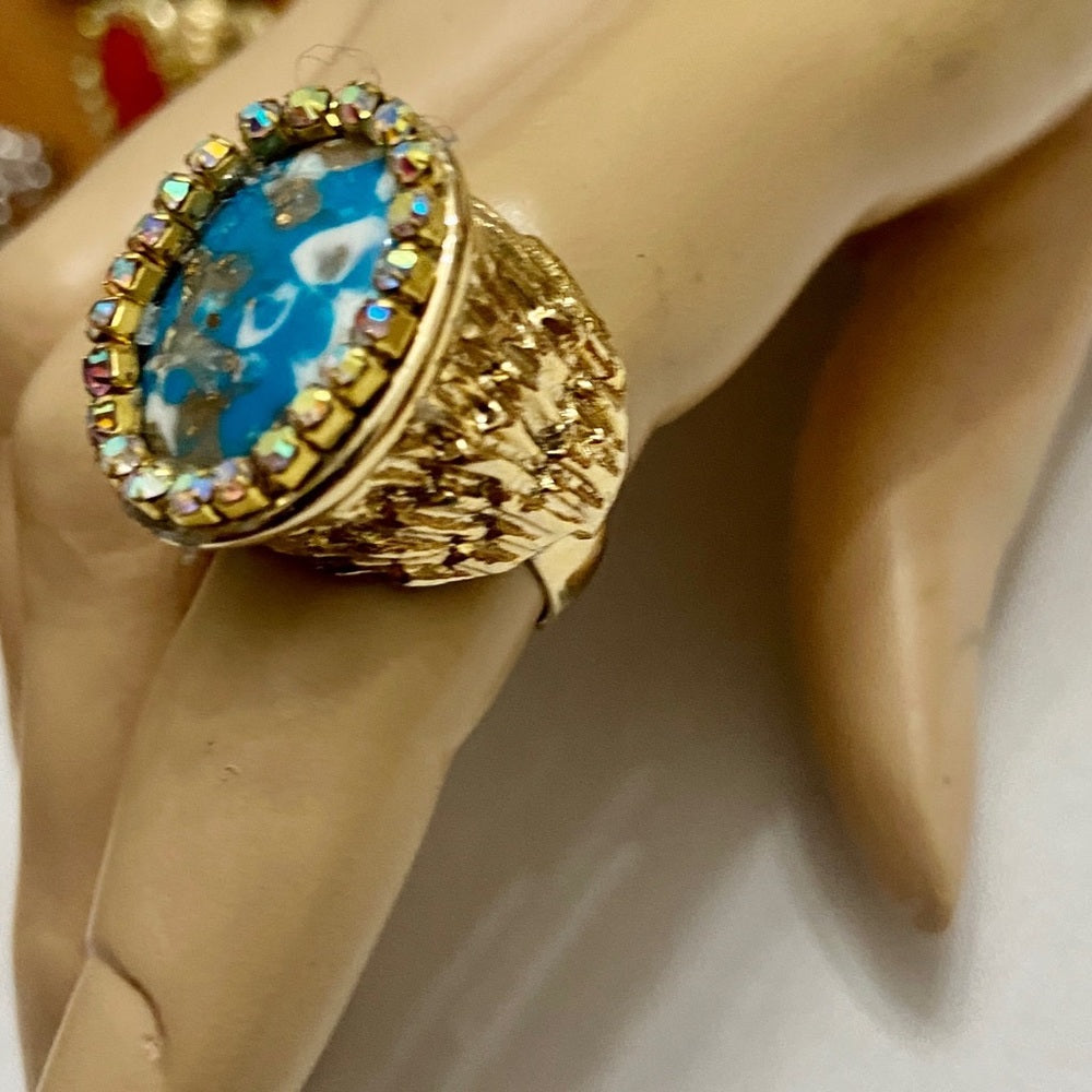 Vintage, Stamped Hobe Blue Agate Adjustable Ring with Rhinestones