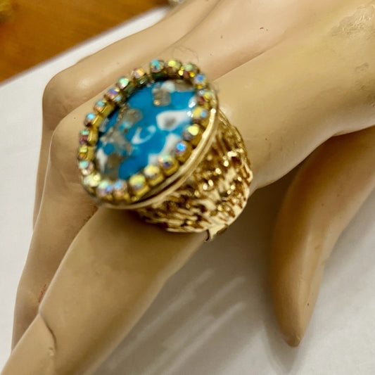 Vintage, Stamped Hobe Blue Agate Adjustable Ring with Rhinestones