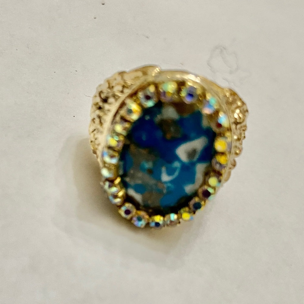 Vintage, Stamped Hobe Blue Agate Adjustable Ring with Rhinestones