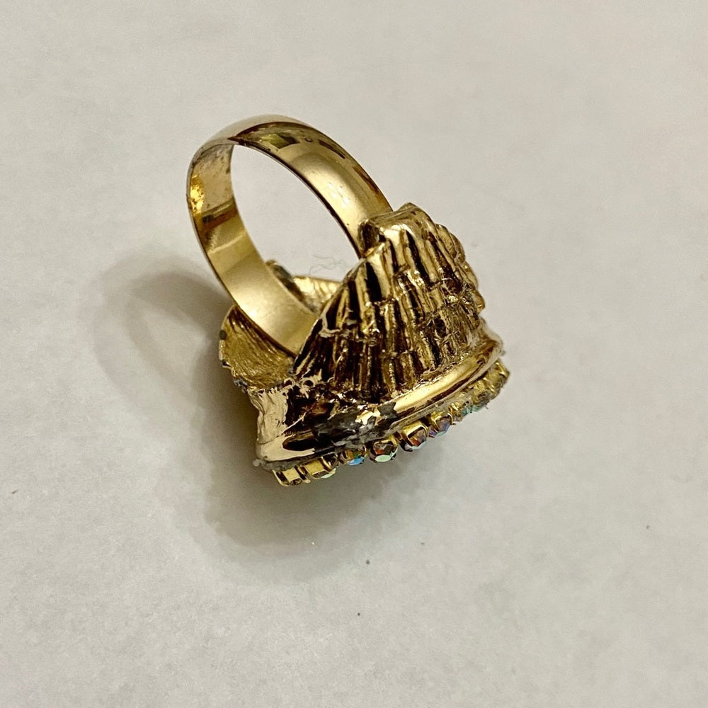 Vintage, Stamped Hobe Blue Agate Adjustable Ring with Rhinestones