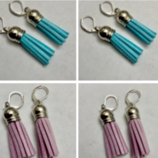 2 Pairs of  Leather Tassel Dangling Earrings (Aquamarine and Lilac)