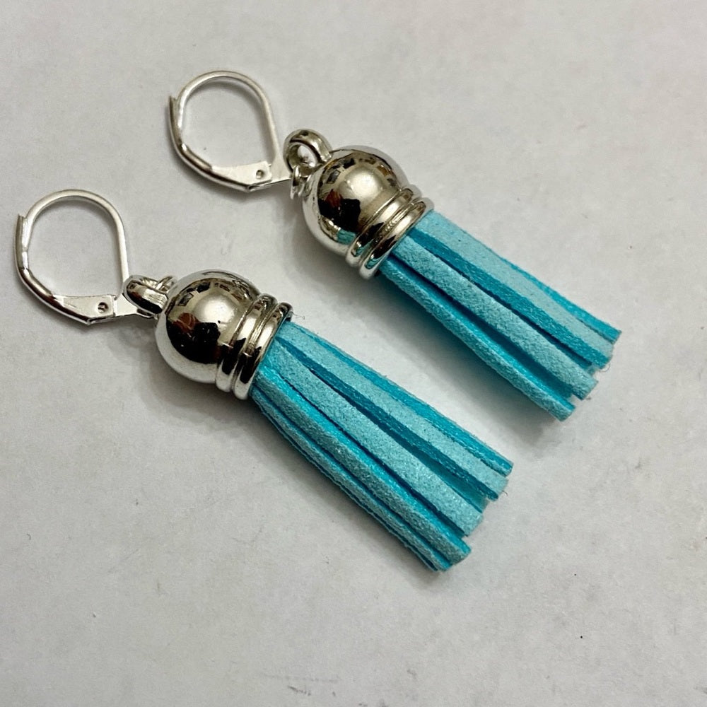 2 Pairs of  Leather Tassel Dangling Earrings (Aquamarine and Lilac)
