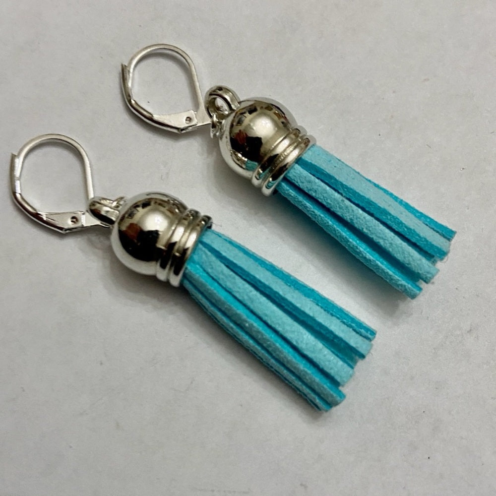 2 Pairs of  Leather Tassel Dangling Earrings (Aquamarine and Lilac)