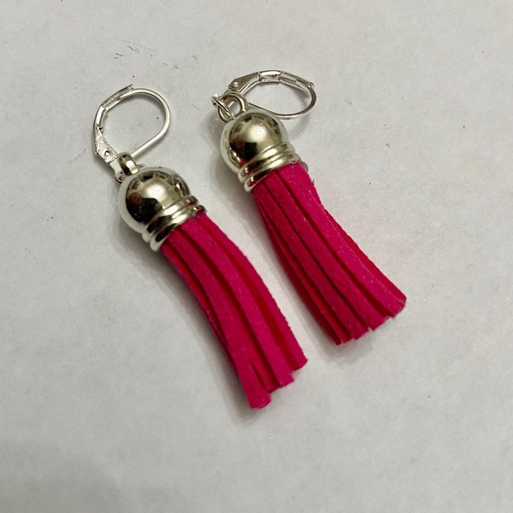 Pair of  Fuchsia Leather Tassel Dangling Earrings