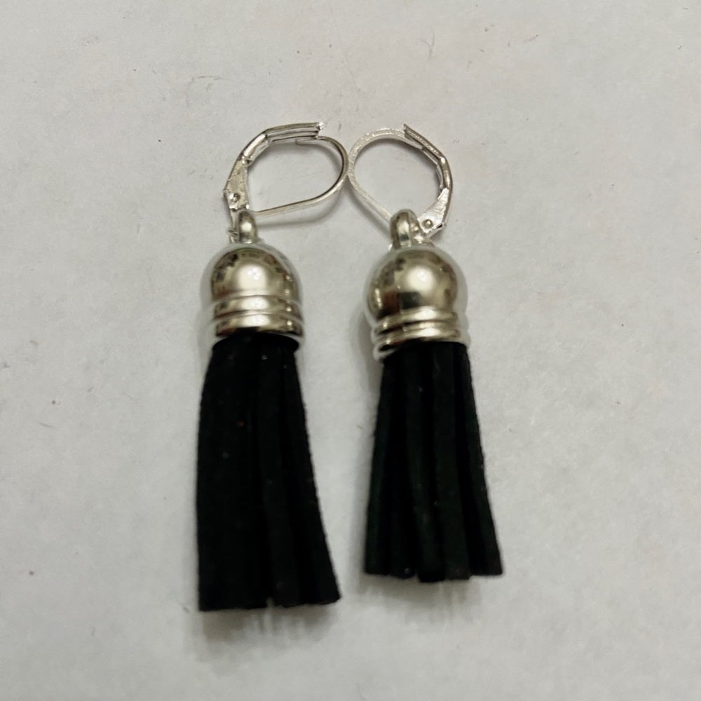 Pair of  Black Leather Tassel Dangling Earrings