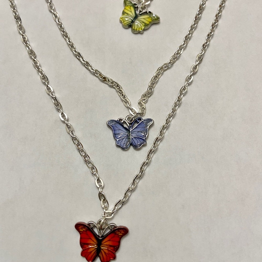 Colorful, Enamel Butterflies - 3 Layers Pendant Necklace