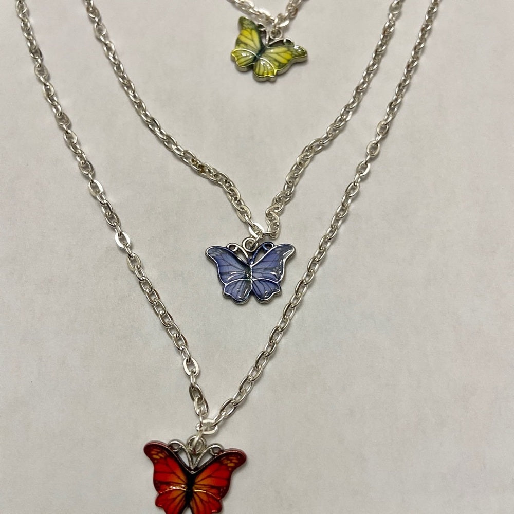 Colorful, Enamel Butterflies - 3 Layers Pendant Necklace