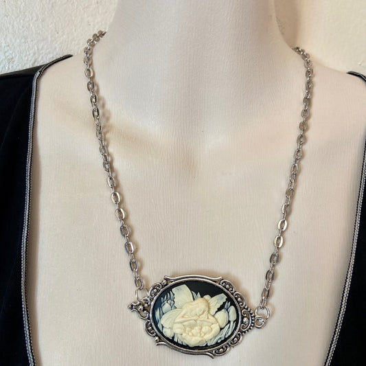 Vintage Black Cameo of an Angel and Infant 18in Silver Plated Pendant Necklace