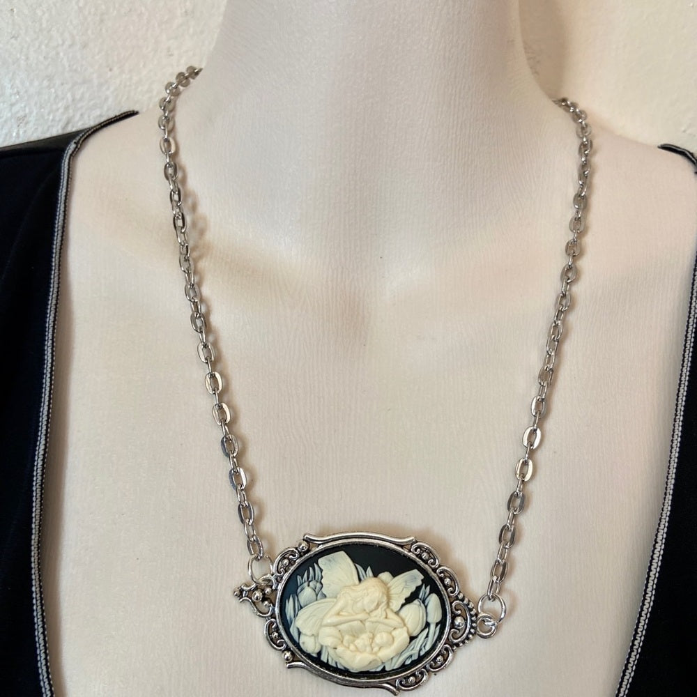 Vintage Black Cameo of an Angel and Infant 18in Silver Plated Pendant Necklace