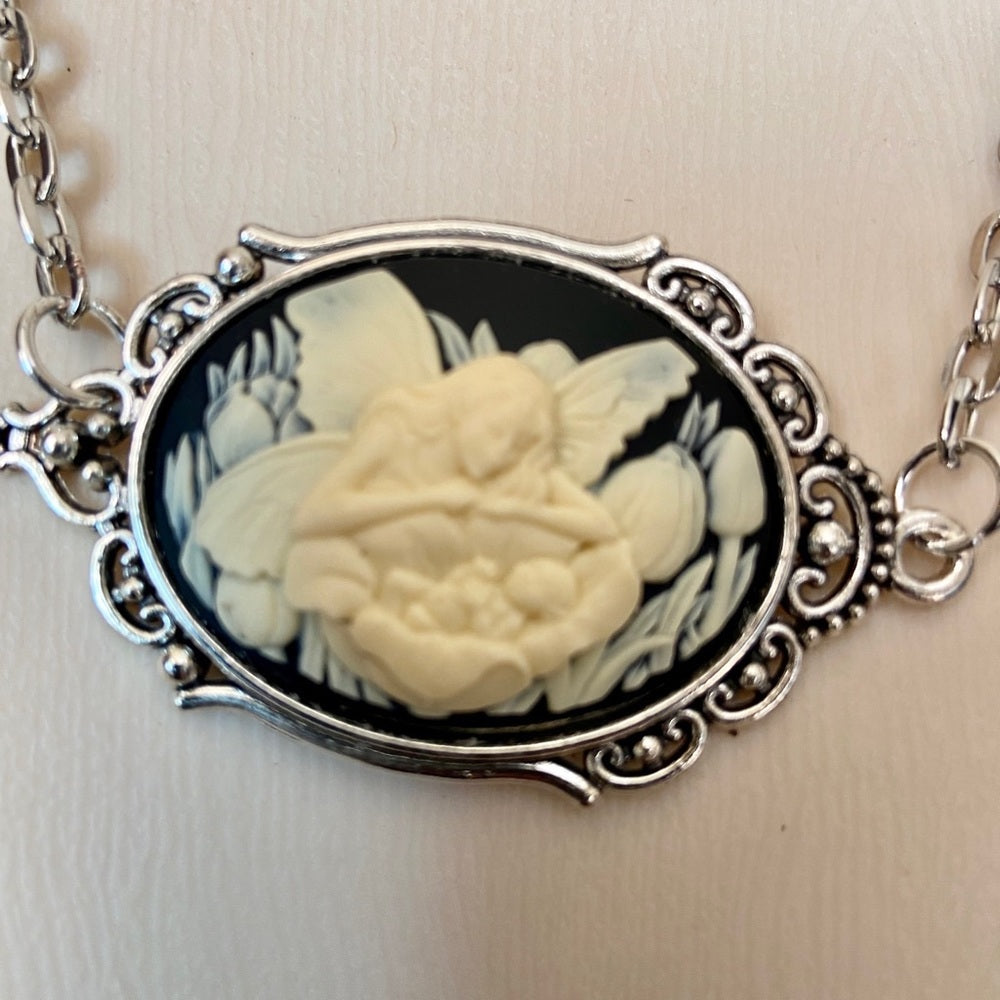 Vintage Black Cameo of an Angel and Infant 18in Silver Plated Pendant Necklace