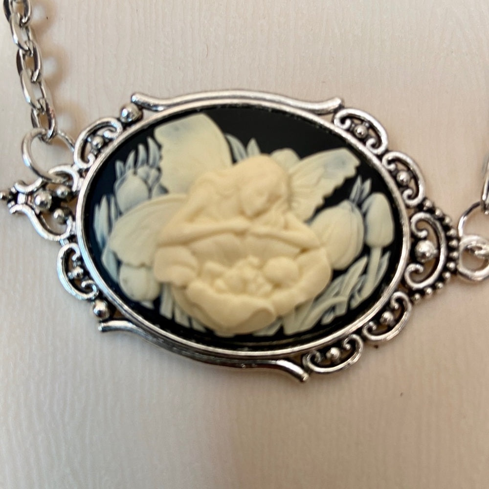 Vintage Black Cameo of an Angel and Infant 18in Silver Plated Pendant Necklace