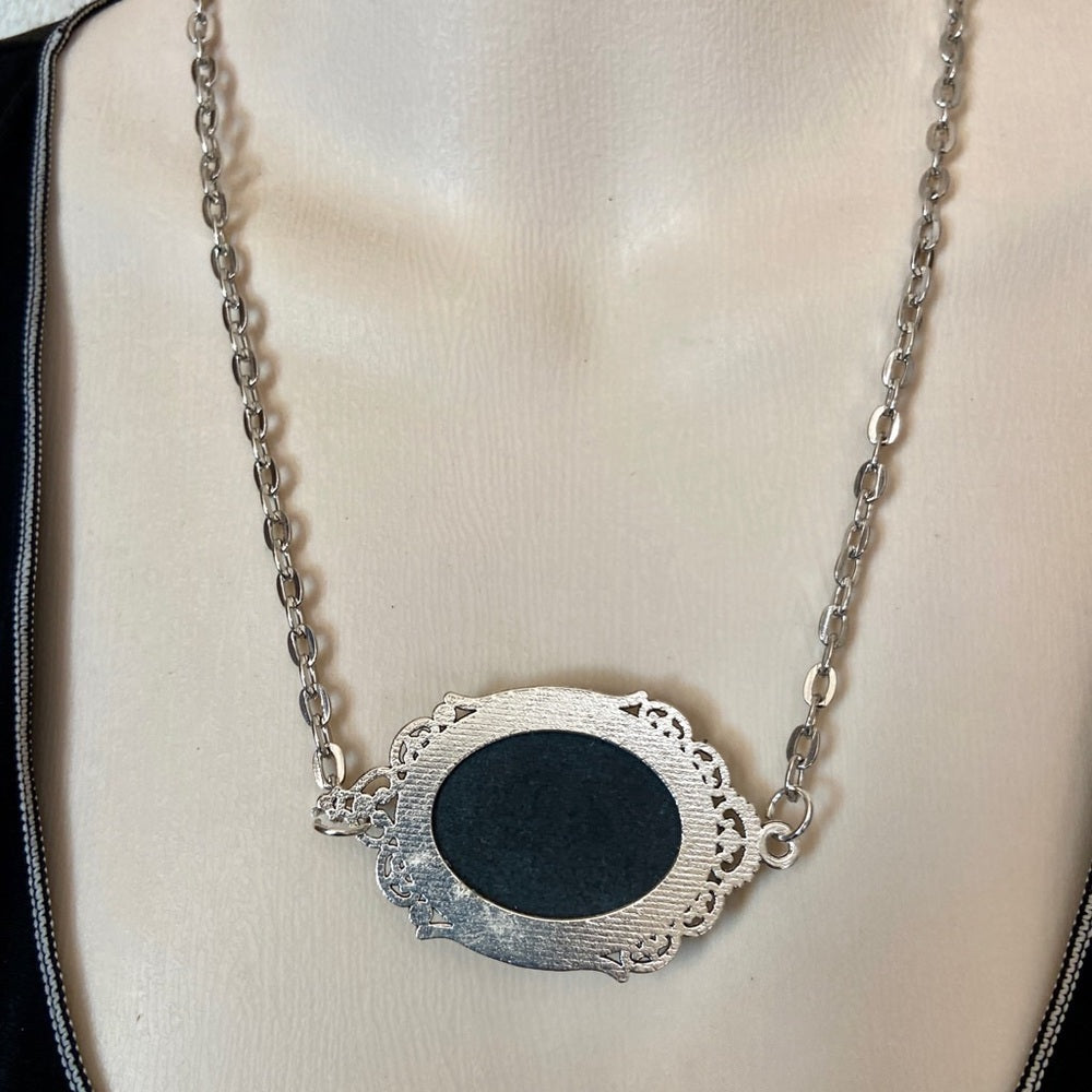 Vintage Black Cameo of an Angel and Infant 18in Silver Plated Pendant Necklace