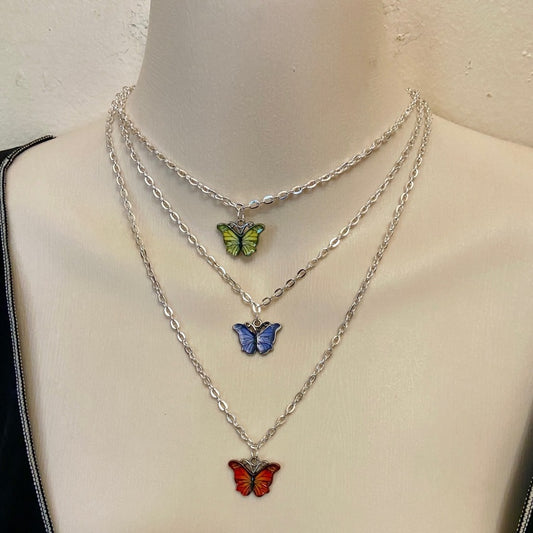 Colorful, Enamel Butterflies - 3 Layers Pendant Necklace