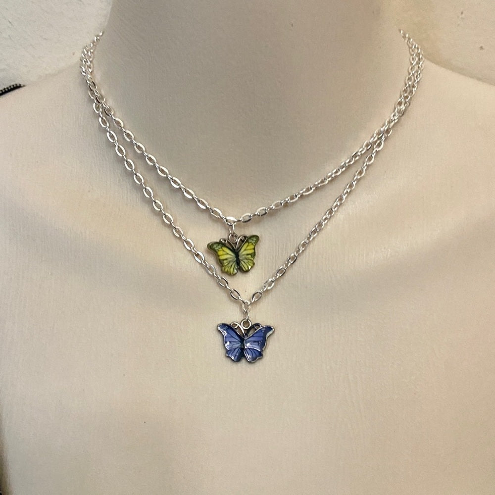 Colorful, Enamel Butterflies - 3 Layers Pendant Necklace