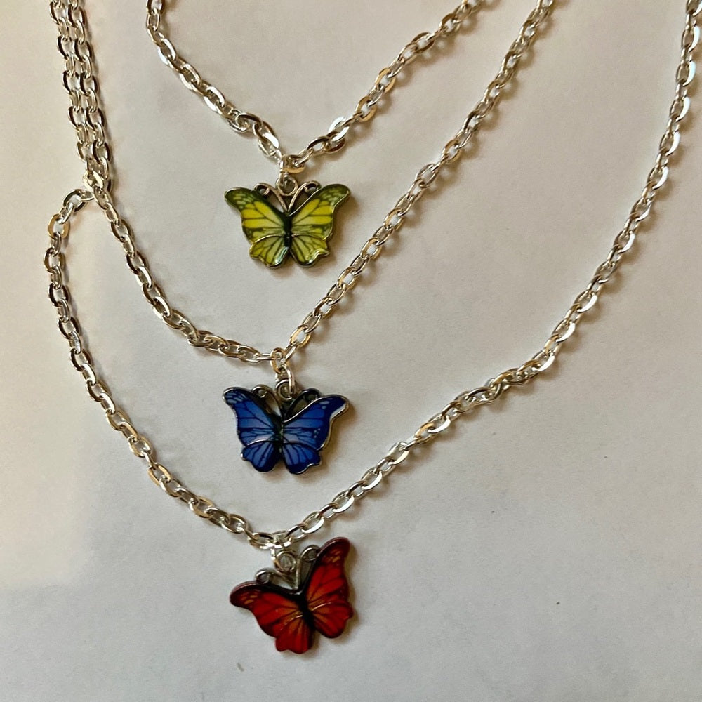 Colorful, Enamel Butterflies - 3 Layers Pendant Necklace