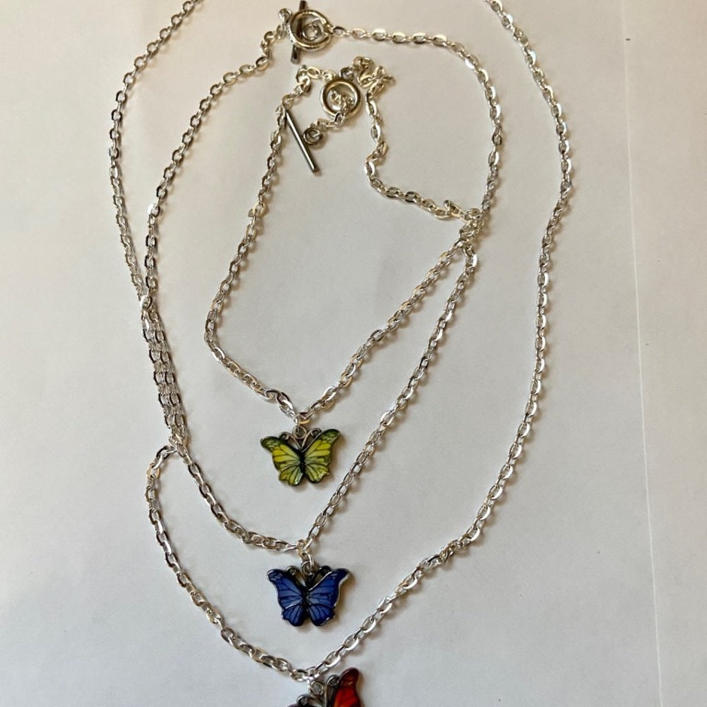 Colorful, Enamel Butterflies - 3 Layers Pendant Necklace