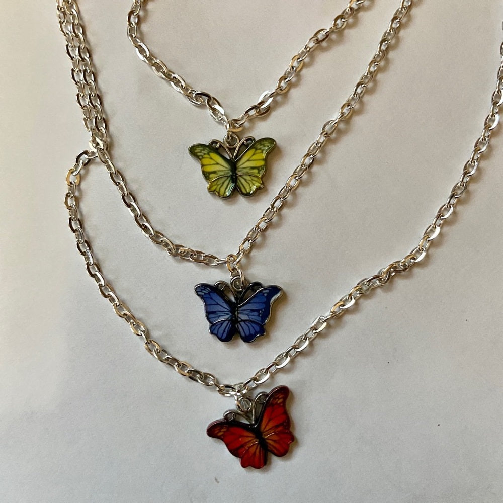 Colorful, Enamel Butterflies - 3 Layers Pendant Necklace