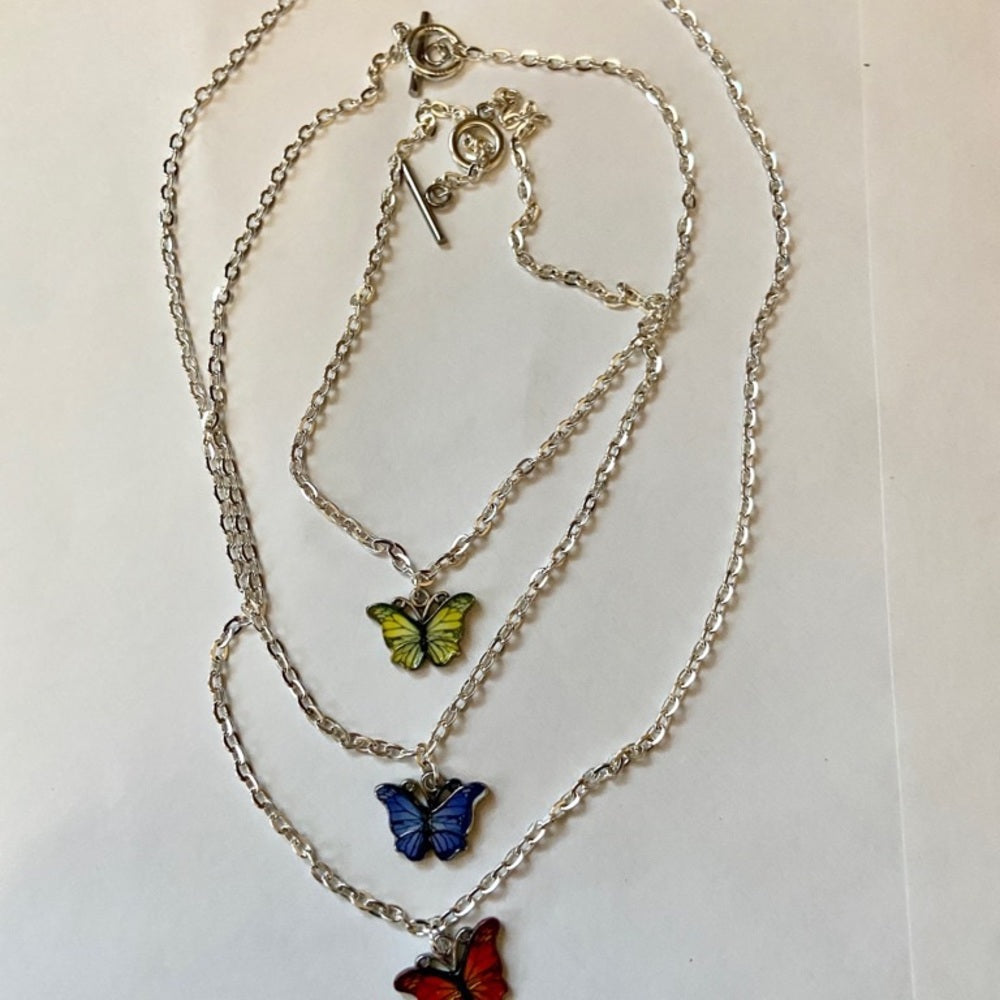 Colorful, Enamel Butterflies - 3 Layers Pendant Necklace