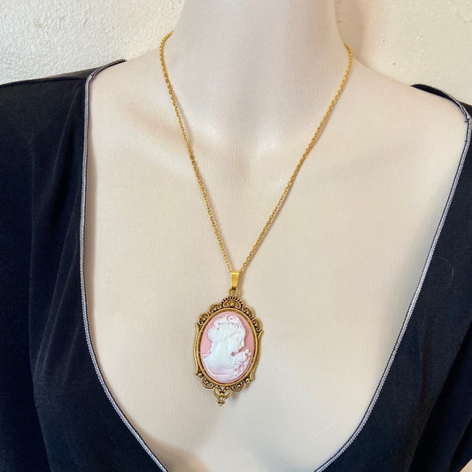 Vintage Pink  Cameo of a Lady 18in Gold Plated Pendant Necklace